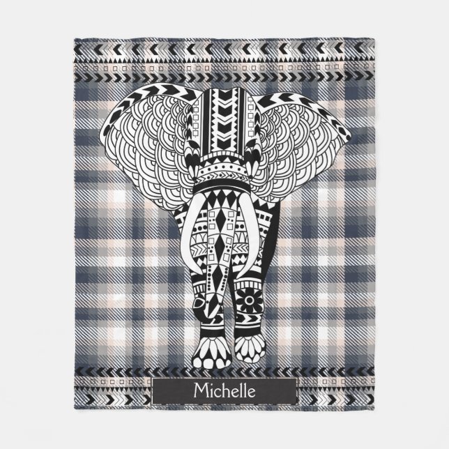 Manta Polar Heather Gray Cream Plaid Tribal Elephant (Anverso)