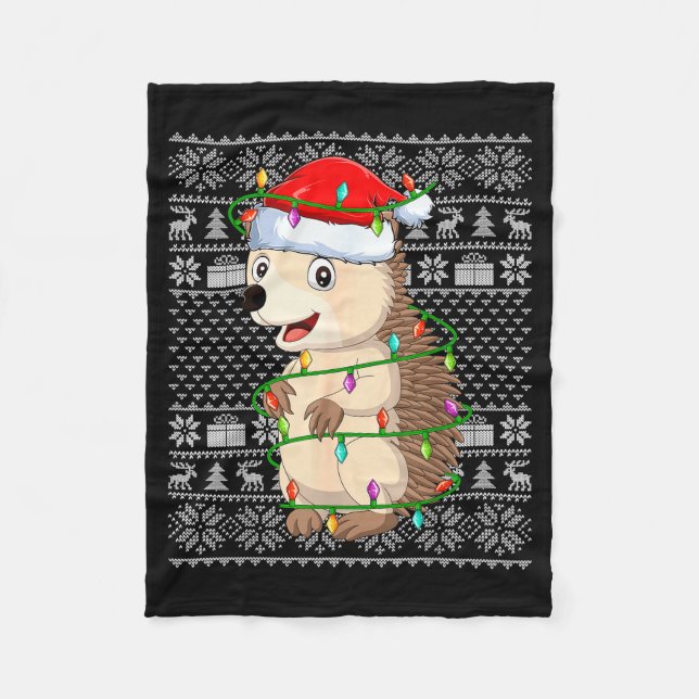 Manta Polar Hedgehog Christmas Lights Ugly Sweater Funny Santa (Anverso)