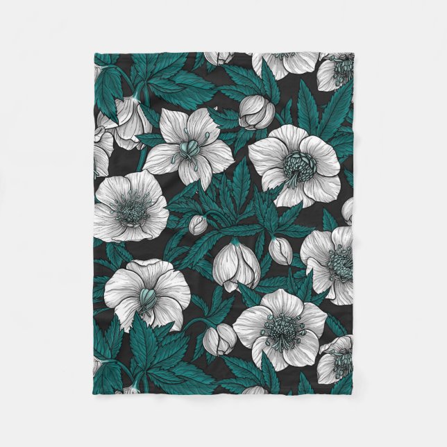 Manta Polar Hellebores blancos con hojas azules (Anverso)