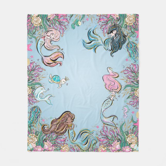 Manta Polar Hermosa Sirena de Acuarela (Anverso)