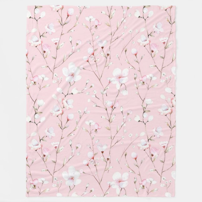 Manta Polar Hermosas flores blancas rosadas   (Anverso)