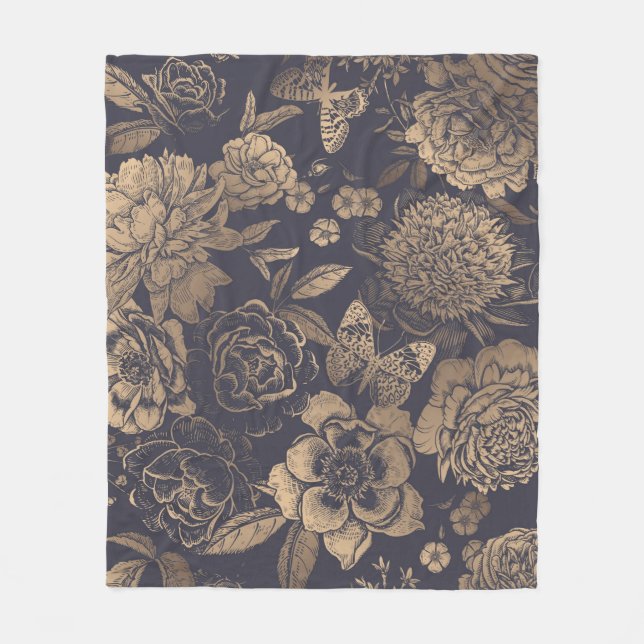 Manta Polar Hermosas flores peonías, rosas y mariposas.  (Anverso)