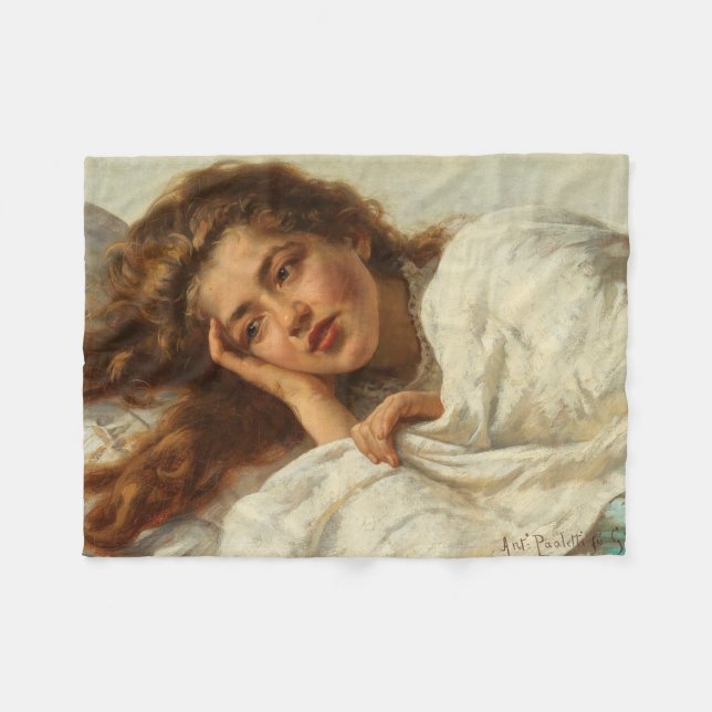 Manta Polar Hermoso Chica en cama con pelo rojo (Frente (Horizontal))