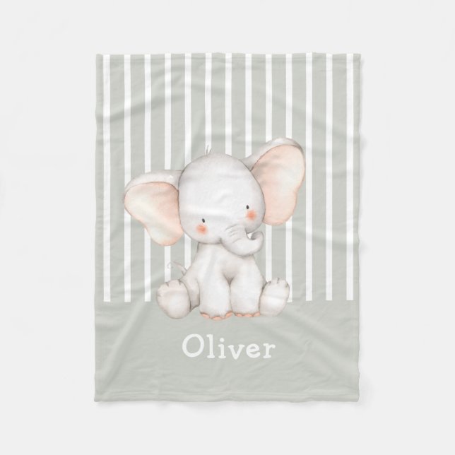 Manta Polar Hermoso elefante bebé en acuarela nombre del niño (Anverso)