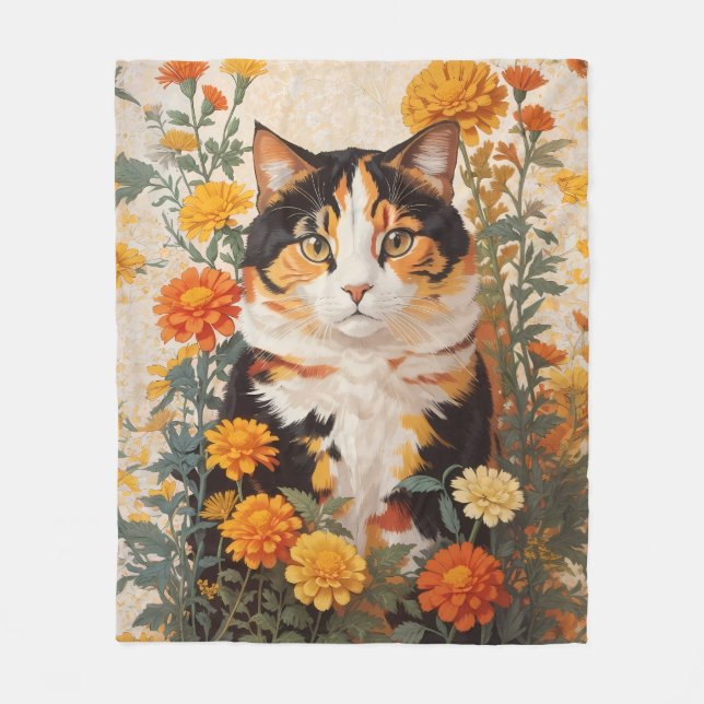 Manta Polar Hermoso Gato Calico Con Flores Marigold (Anverso)