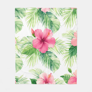 Manta Polar Hibisco Rosa Palma Tropical Aquarela