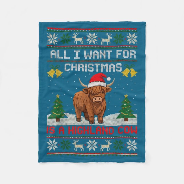 Manta Polar Highland Cow Christmas Ugly Sweater Style Festive  (Anverso)