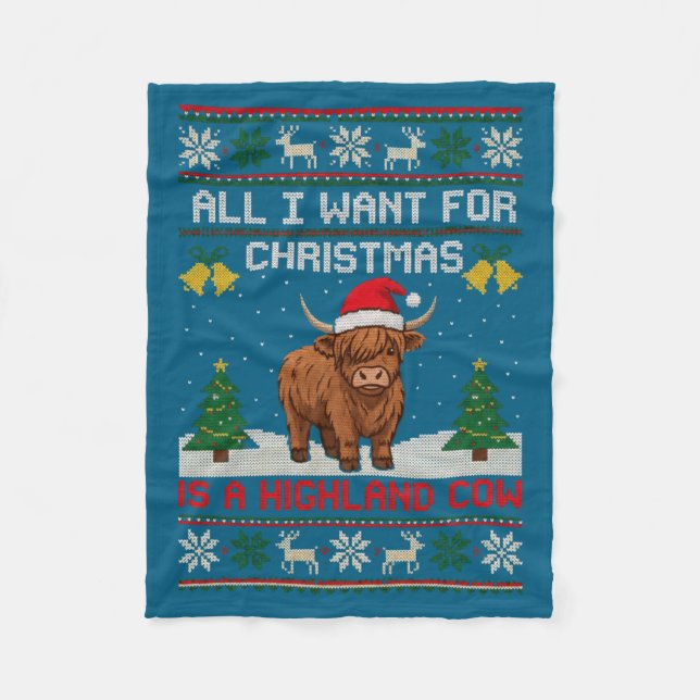 Manta Polar Highland Cow Christmas Ugly Sweater Style Festive  (Anverso)
