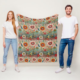 Manta Polar Hippie retro: Jardín de flores rojas