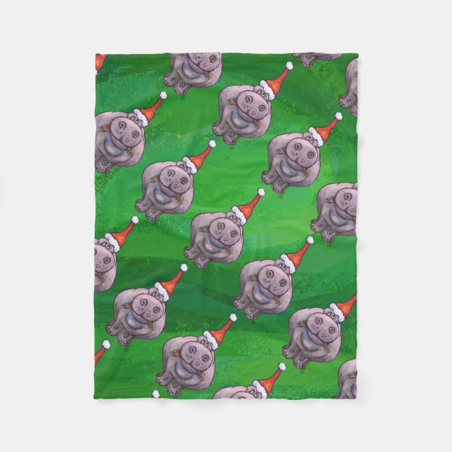 Manta Polar Hippo en Santa Hat Pattern en verde (Anverso)