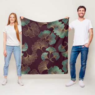 Manta Polar Hoja de Ginkgo elegante en Burdeos y Turquesa