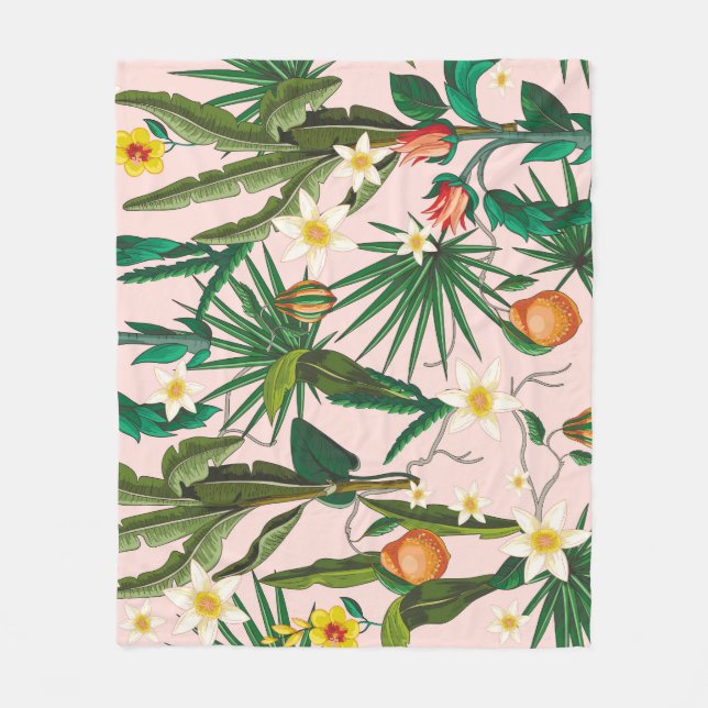 Manta Polar Hoja tropical, flor, patrón de fruta. (Anverso)
