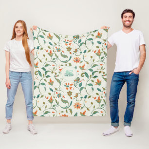 Manta Polar Hojas azul-verde vintage y patrón floral Naranja