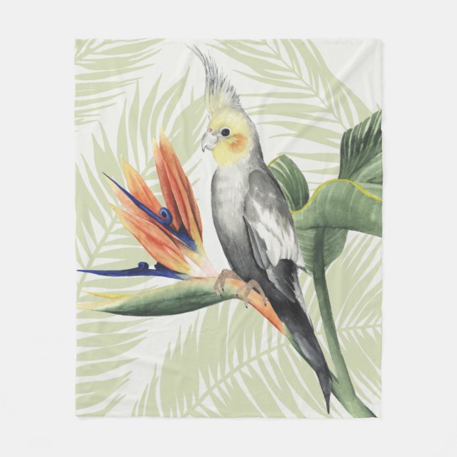 Manta Polar Hojas de palma con pájaro negro (Anverso)