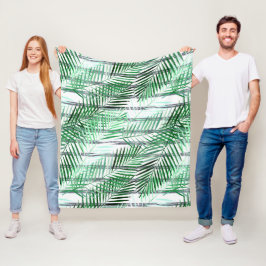 Manta Polar Hojas de palma sobre un fondo blanco y negro rayad