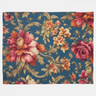 Manta Polar Hojas doradas de flores blancas y rojas opulentas
