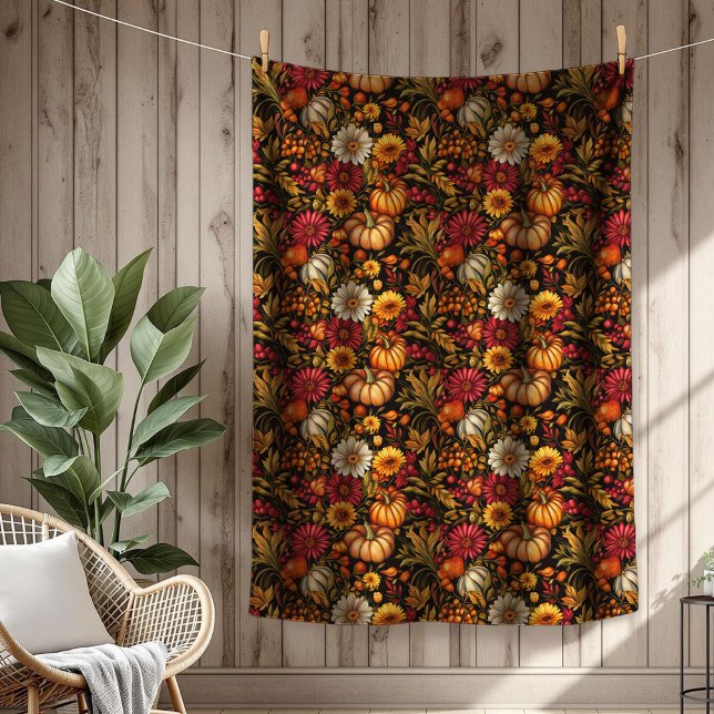 Manta Polar Hojas doradas y toque festivo con calabaza (Golden Leaves & Pumpkin-Print Festive Touch Fleece Blanket)