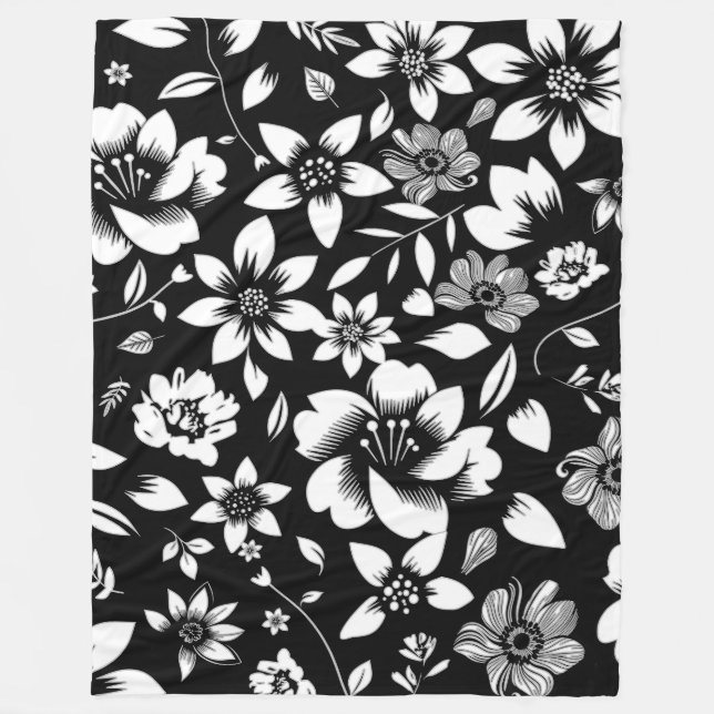 Manta Polar Hojas florales modernas en blanco y negro soplando (Anverso)