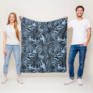 Manta Polar Hojas Negras de Jungla Tropical Azul Oscuro