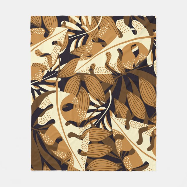 Manta Polar Hojas Tropicales Brillantes Patrón Oscuro (Anverso)