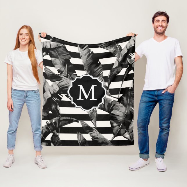 Manta Polar Hojas tropicales negras y blancas (In situ)