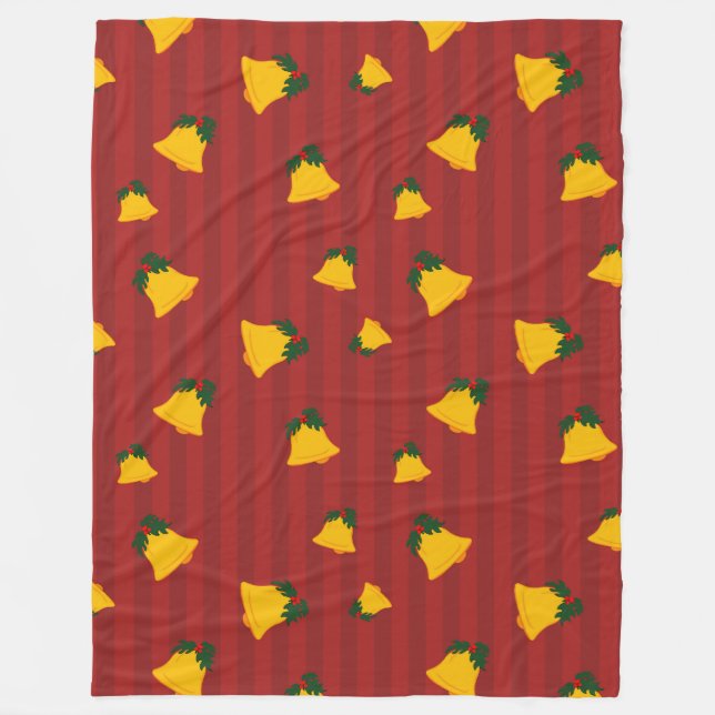 Manta Polar Holiday Red Gold Stripe Bells Christmas (Anverso)