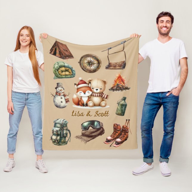 Manta Polar Holiday Xmas Pareja Aventura Teddy Bear Fox Beige (In situ)