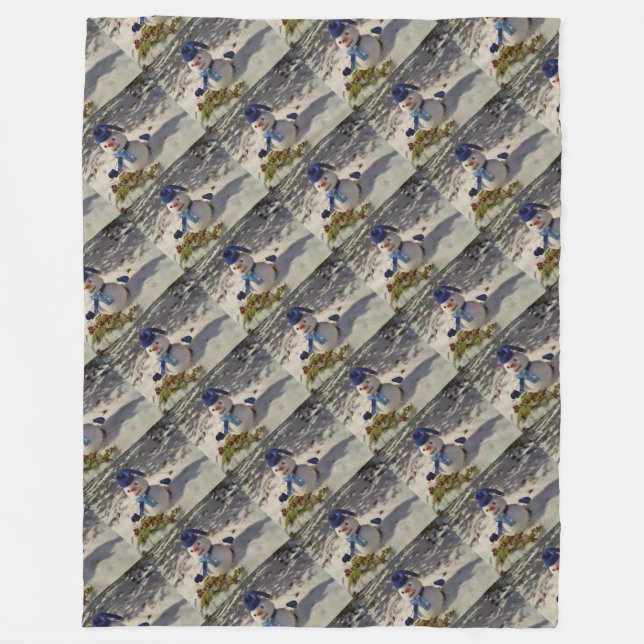 Manta Polar Hombre de nieve con gorra azul, guantes y bufanda (Anverso)