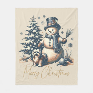 Manta Polar Hombre de nieve y perro de Navidad vintage
