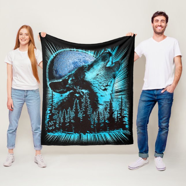 Manta Polar Howling Wolf Moon Pine Forest Art (In situ)