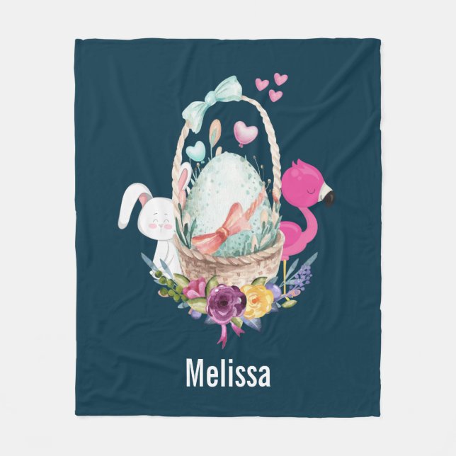 Manta Polar Huevo dulce, flamencos rosados y conejito, acuarel (Anverso)