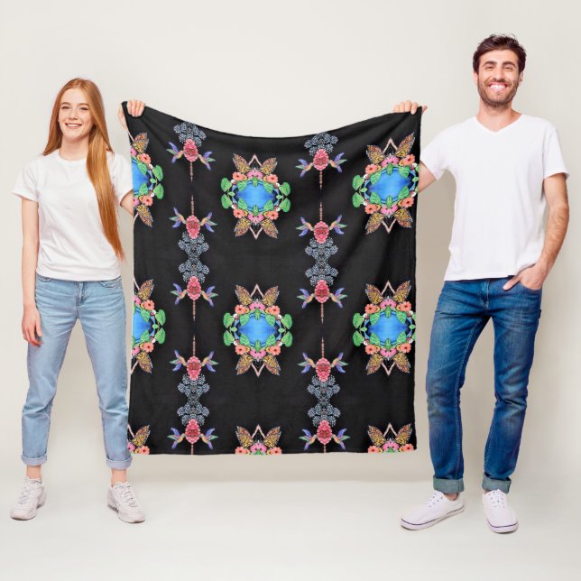 Manta Polar Hummingbirds and Butterflies Fleece Blanket (In situ)