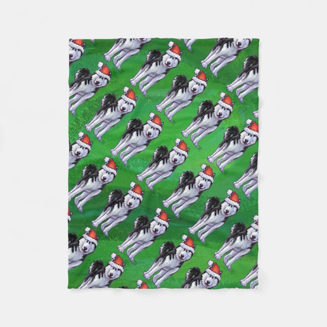 Manta Polar Husky festivo en Santa Hat en Green (Anverso)