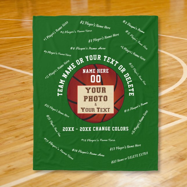 Manta Polar Ideas, foto y texto de regalo de baloncesto noctur (Ideas for senior night basketball. Basketball Blanket. Senior basketball gifts. Green and White.)