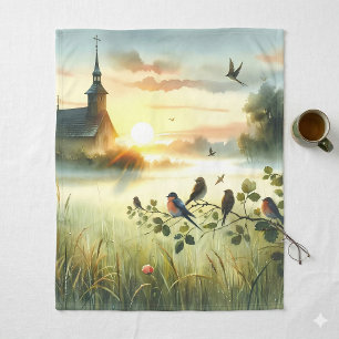 Manta Polar Iglesia al amanecer con pájaros en prado brumoso S