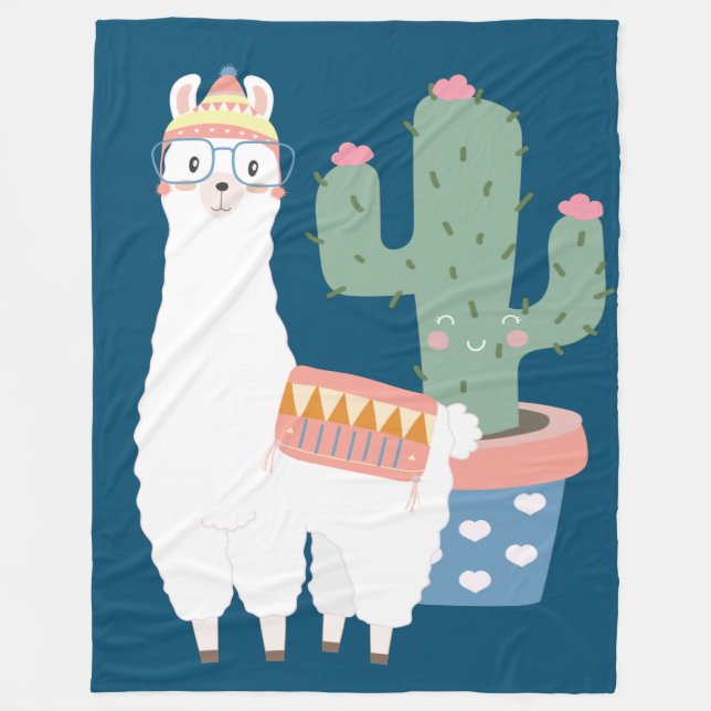 Manta Polar Ilustracion Cute Kawaii Llama y Cactus (Anverso)