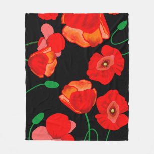 Manta Polar Ilustración de amapolas rojas sobre fondo negro