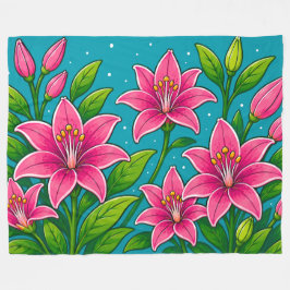 Manta Polar Ilustración de flores de lirio rosadas con follaje