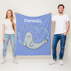Manta Polar Ilustracion de foca feliz y personalizado azul de 