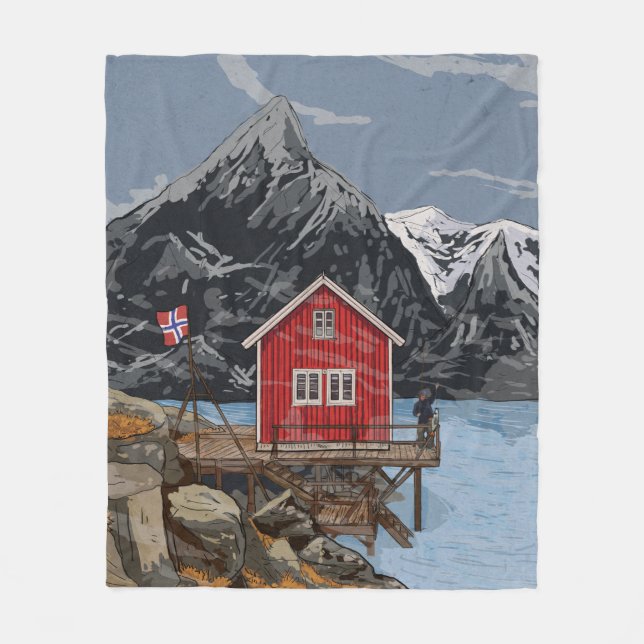 Manta Polar Ilustracion paisajístico Rorbu Lofoten Bergen (Anverso)