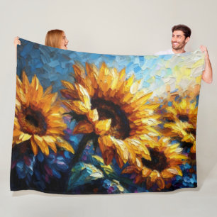 Manta Polar Impasto pintura de girasoles azul