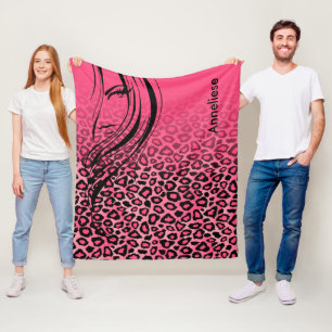 Manta Polar Impresión de leopardo rosa y negro con silueta Ch