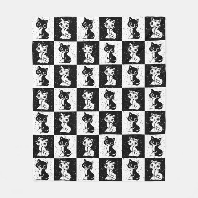 Manta Polar Impresión de monograma de gato blanco negro (Anverso)