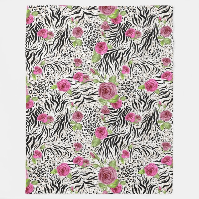 Manta Polar Impresión De Piel Animal Y Rosas (Anverso)