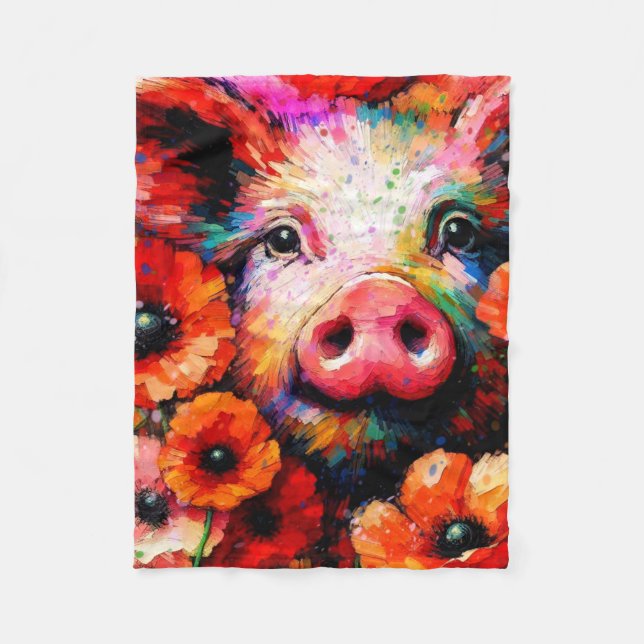 Manta Polar Impresionante cerdo en flores de amapola roja (Anverso)