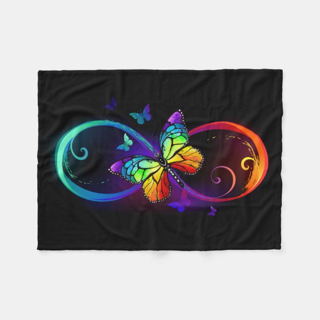 Manta Polar Infinito vibrante con mariposa arco iris sobre neg (Frente (Horizontal))