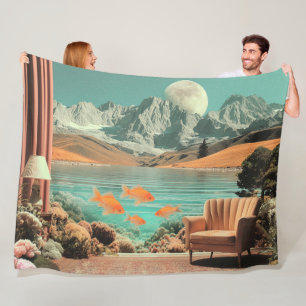 Manta Polar Interior surrealista con peces y paisaje iluminado