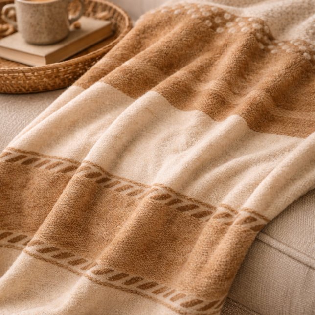 Manta Polar Ivory Clay Weave Fleece Blanket (Ivory and clay woven bands with stitched lines for layered sofas and calm hearth spaces)