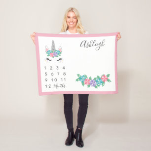 Manta Polar Jalón mensual del bebé floral del unicornio