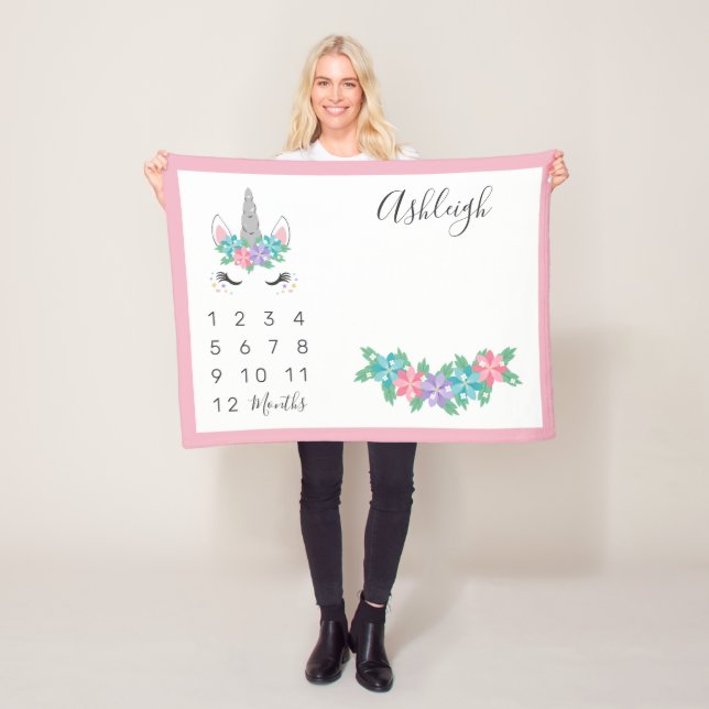 Manta Polar Jalón mensual del bebé floral del unicornio (In situ)